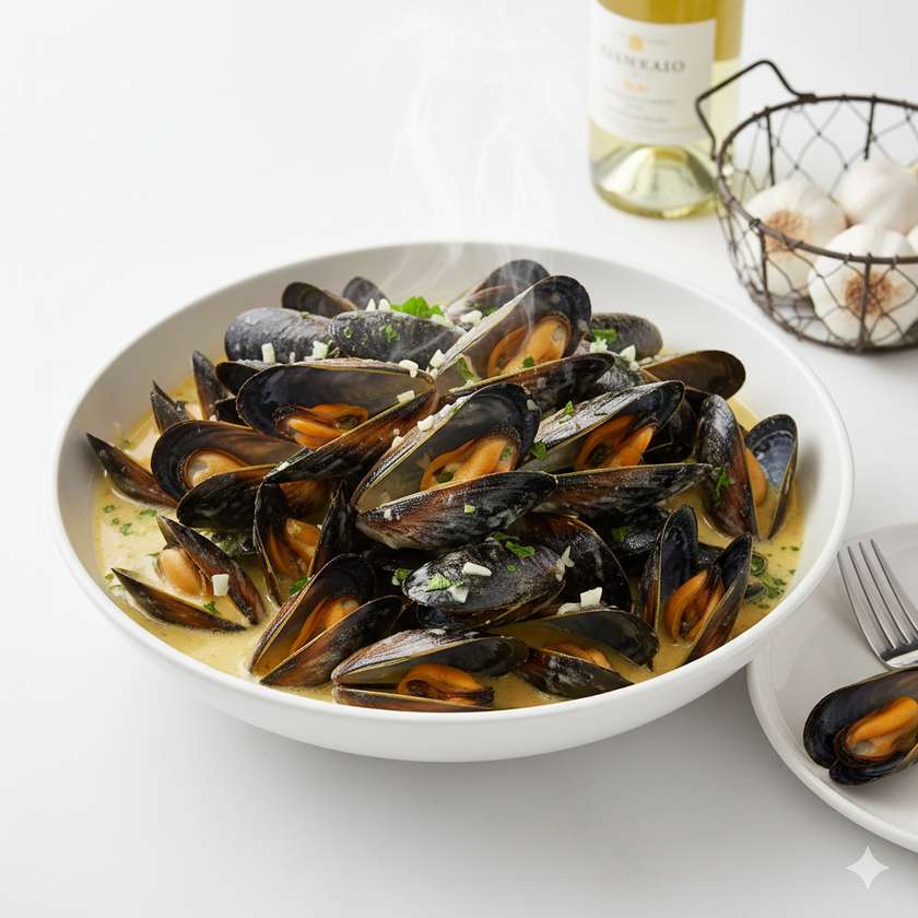 Свежие мидии в чесночном соусе