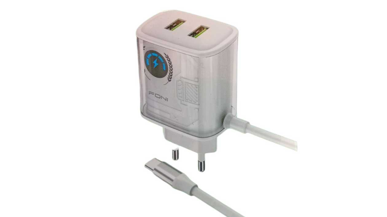 Foni FN-CH15 Charger with 2 USB Ports and Type-C Cable, White, 7015049250210