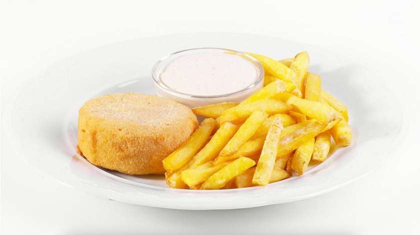 Fried Hermelín cheese stuffed with English bacon, served with fried potatoes