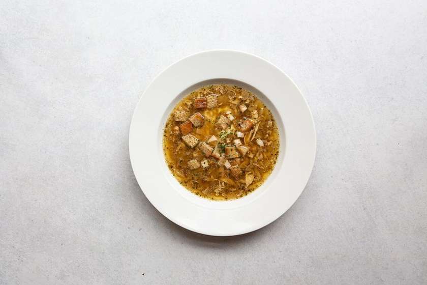 Garlic Soup with Ham, Cheese, Egg and Croutons