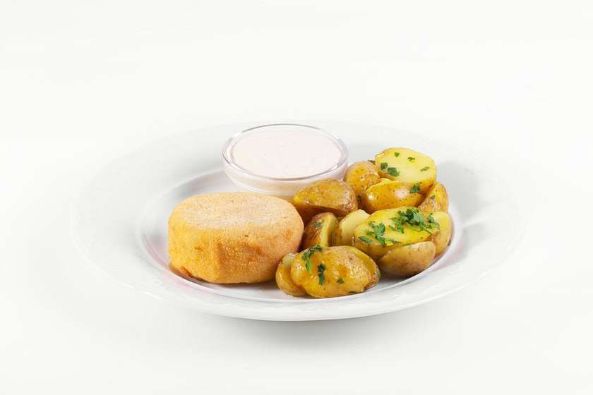Fried Hermelín Cheese Stuffed with English Bacon, Served with Parsley Grenaille Potatoes