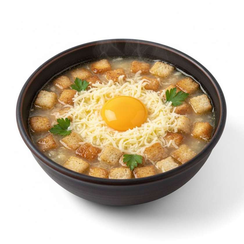 Staročeská česnečka se sýrem, syrovým žloutkem a chlebovým krutonem