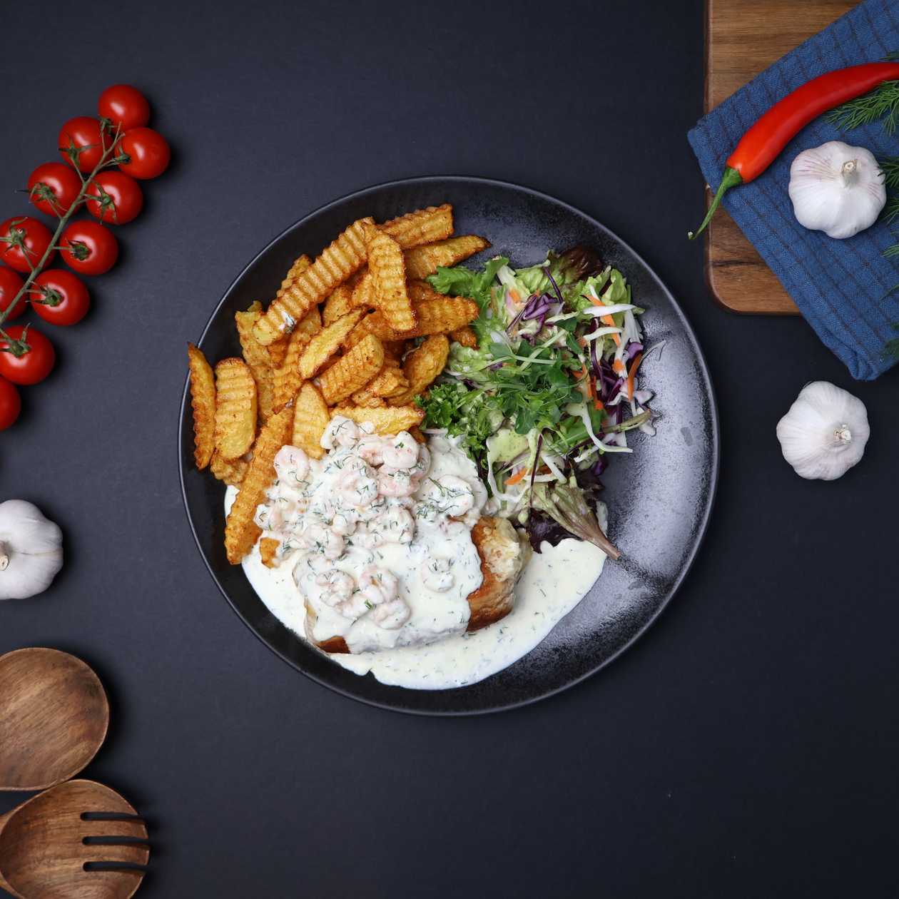 Stuffed chop with cheese in shrimp sauce