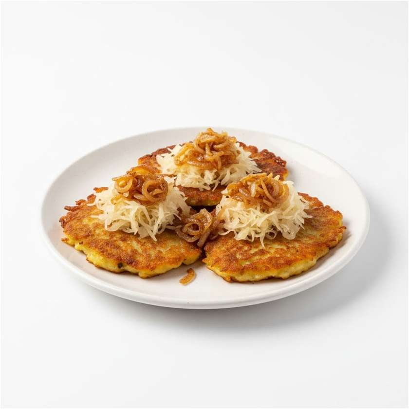 Domácí bramboráčky na sádle s Křimickým zelím, smažená cibulka