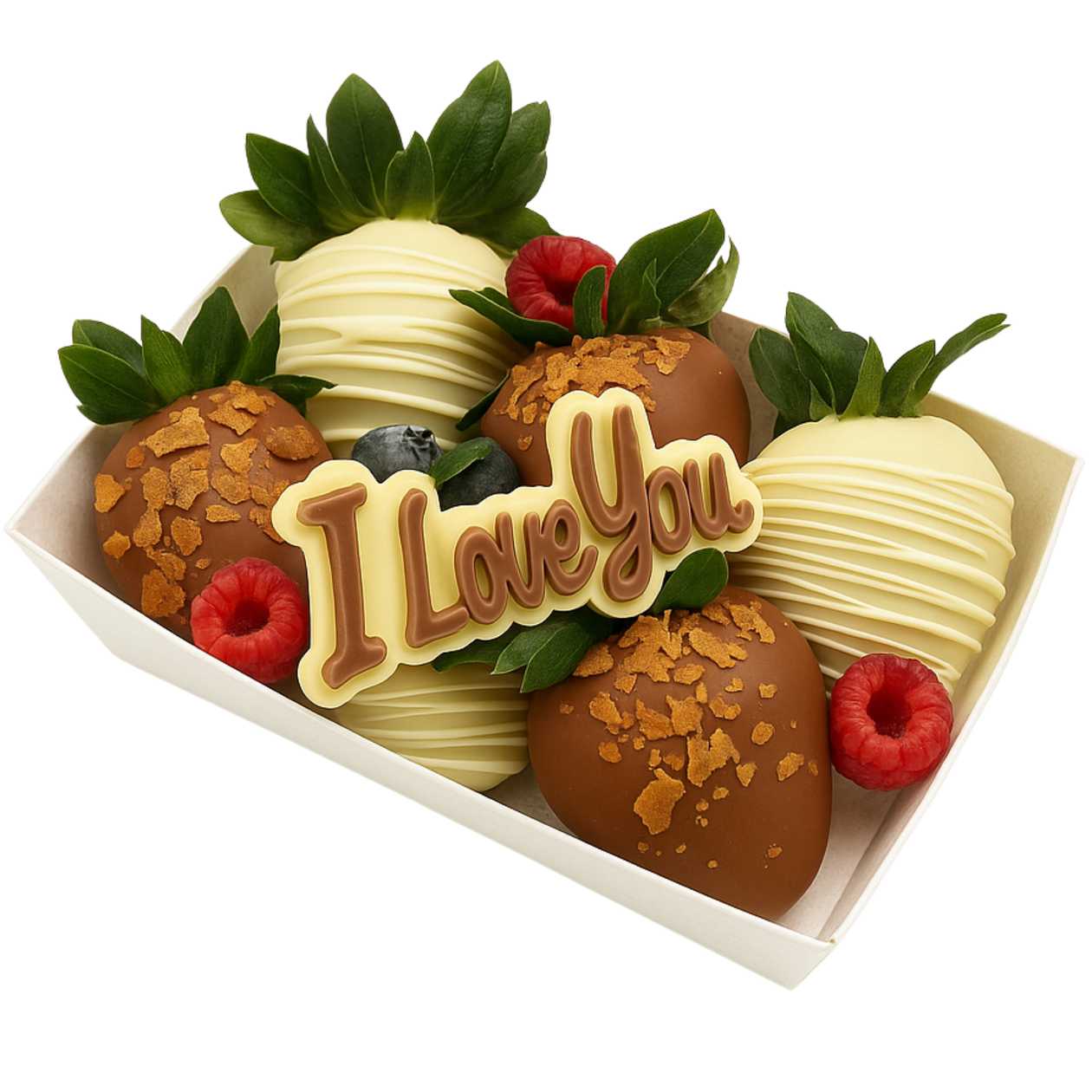 Box of fresh strawberries in chocolate "Love"