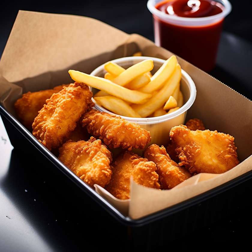 Chicken nuggets box with fries