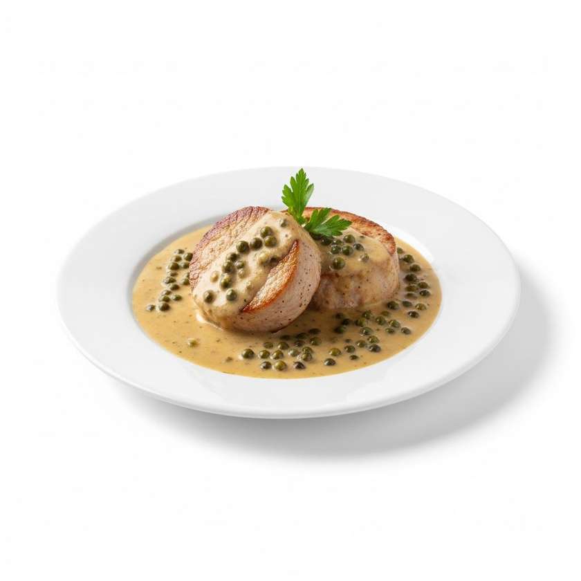 Medailonky z vepřové panenky se silnou omáčkou ze zeleného pepře