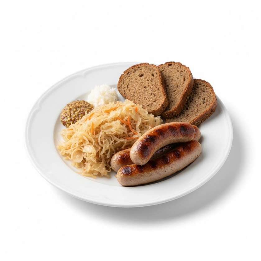 Norimberské klobásky na grilu s kysaným zelím, křenem a hořčicí, tmavý chléb