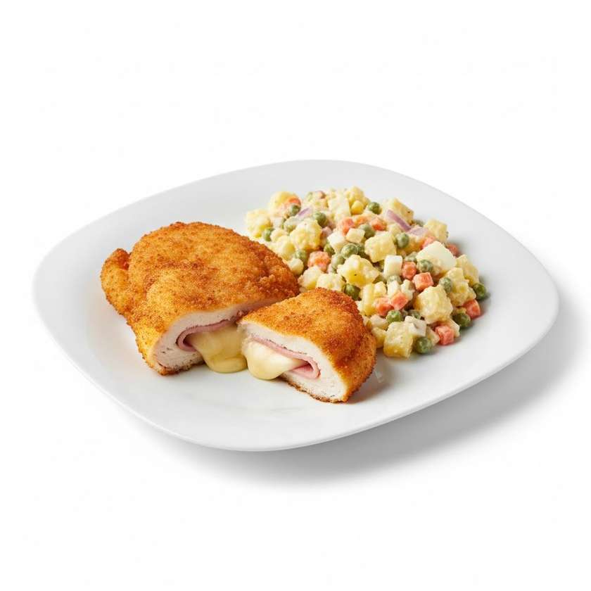 Kuřecí kapsa Gordon blue /kuřecí prsa,syr gouda,šunka/, bramborový salát