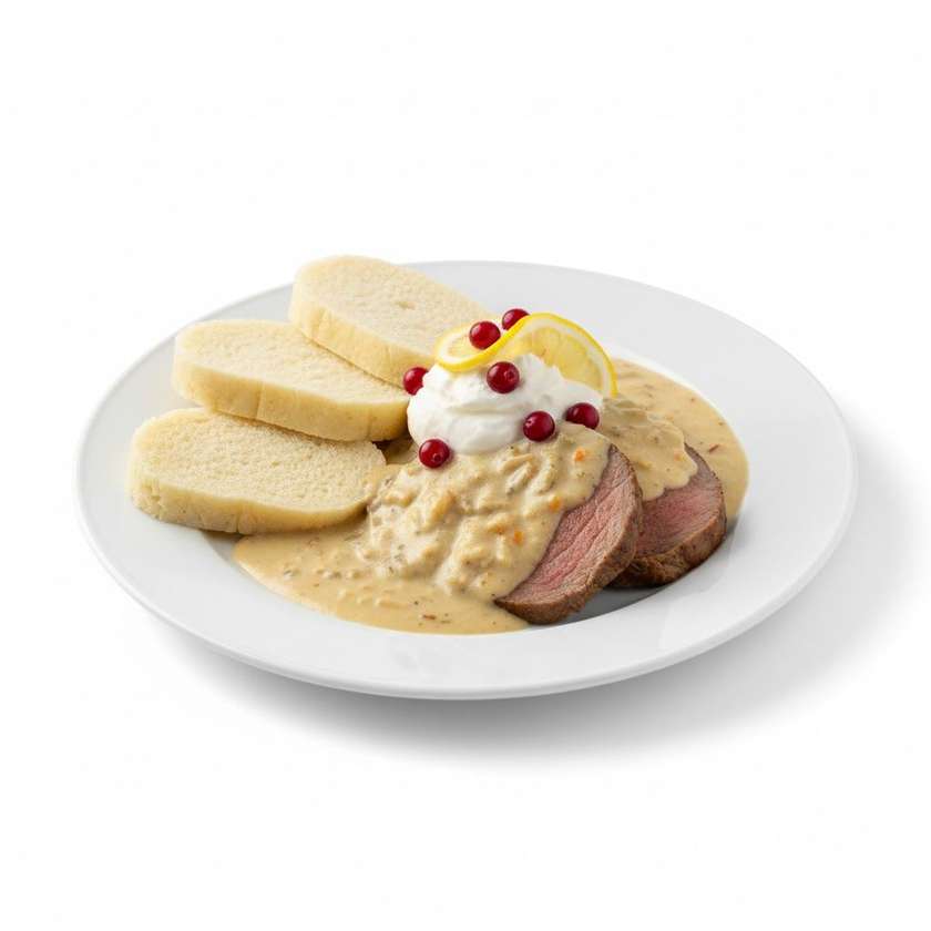 Svíčková na smetaně, houskový knedlík, brusinky