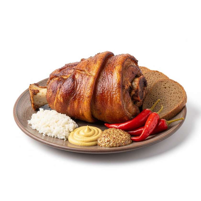 Pečené vepřové koleno, křen, hořčice, tmavý chléb, beraní rohy