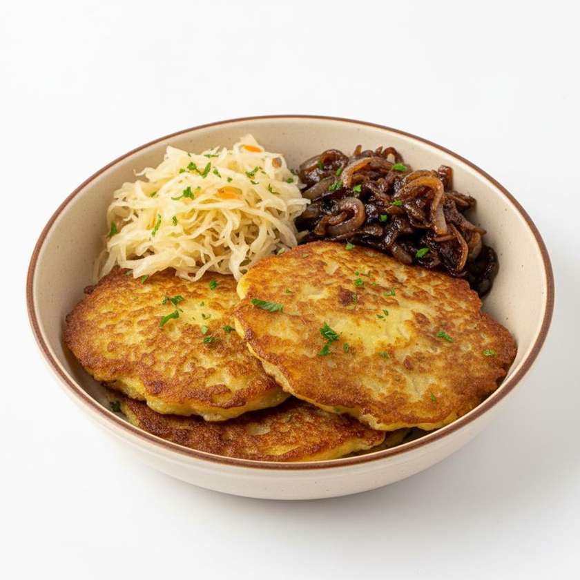 Bramboráky with sauerkraut and Vienna onion