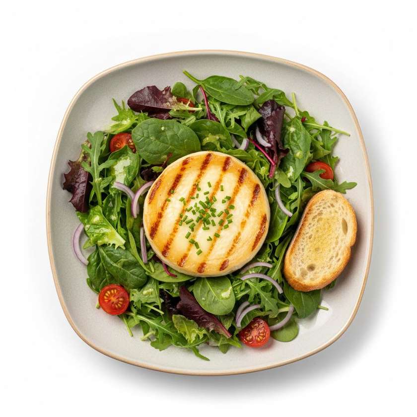 Grilled Hermelin on a mix of leafy salads with lime dressing and a baguette