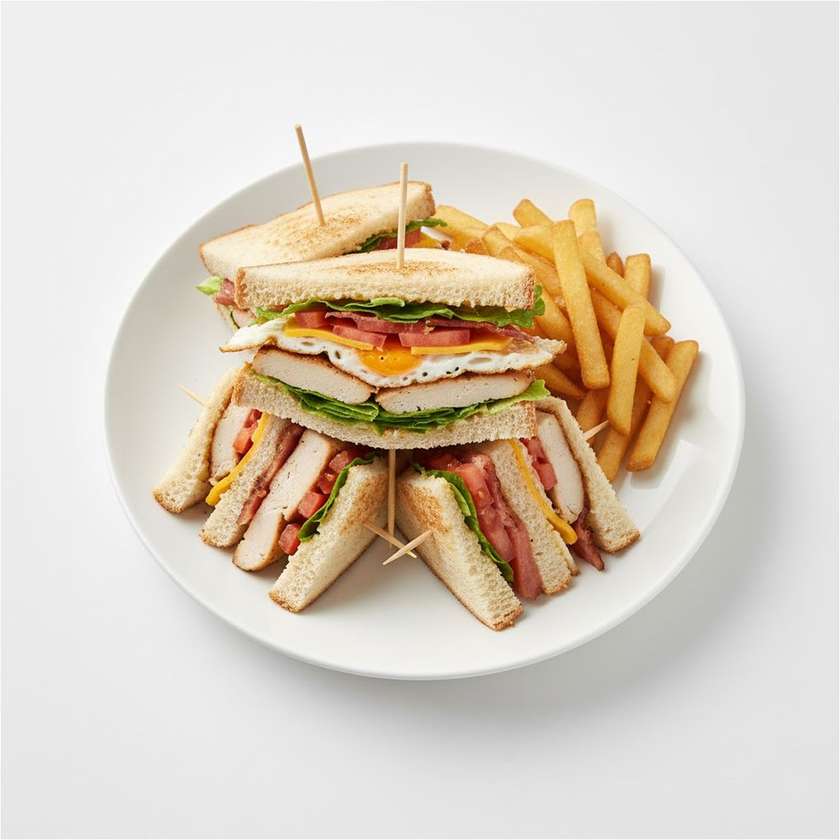 Club sandwich with chicken, bacon, Cheddar, vegetables, egg and fried chips