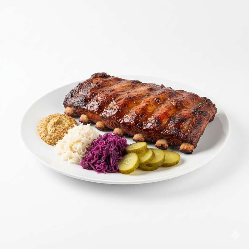 Marinovaná žebra s hořčicí, křenem, nakladaným zelím a okurkou (1,10)