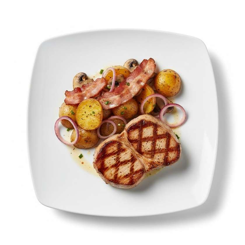 Grilled pork neck fillet with mushrooms, red onion, bacon and roasted potatoes