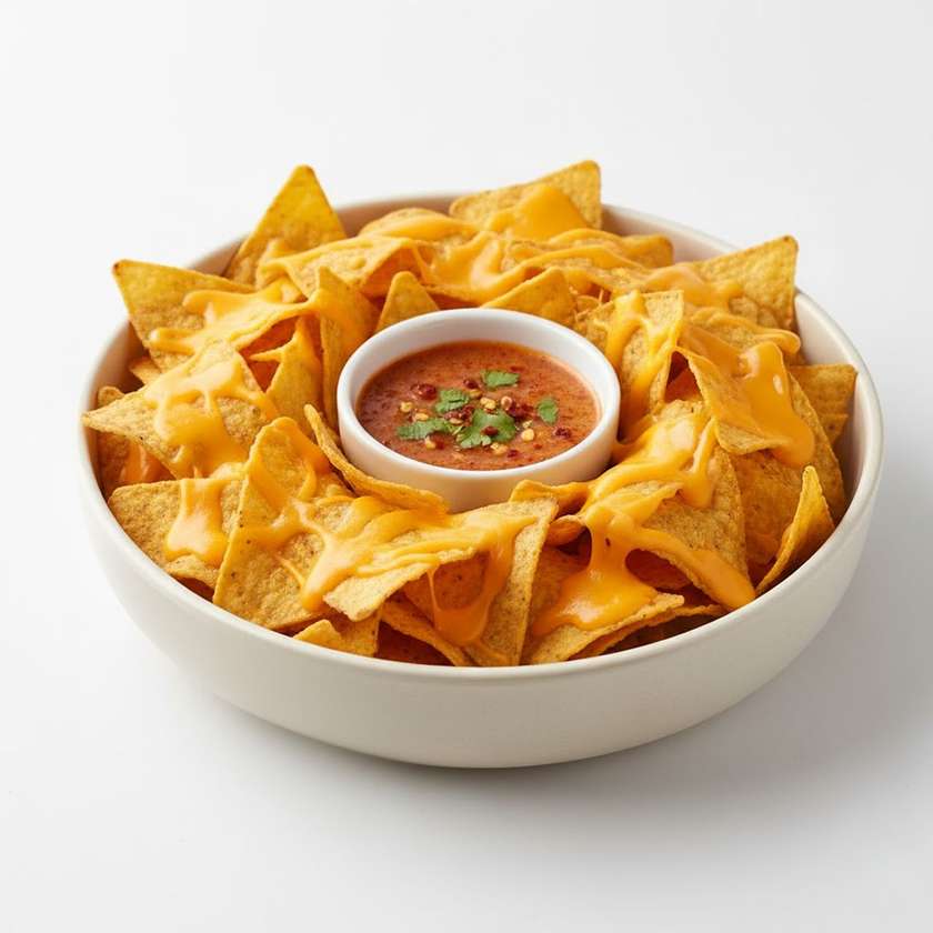Nachos with cheddar and spicy dip