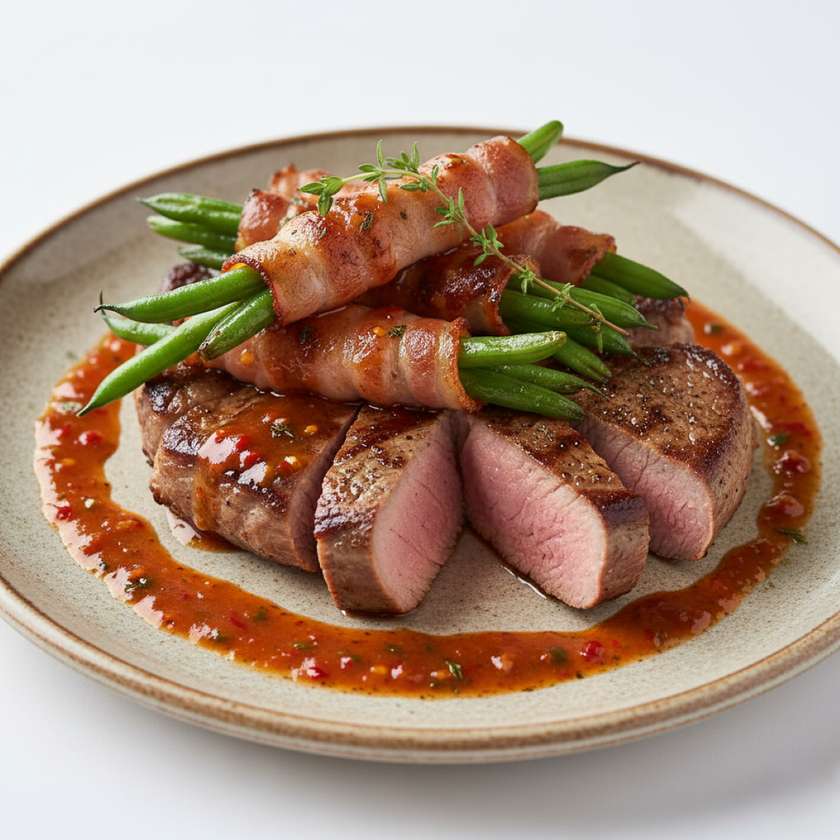 Vepřový steak s fazolkami, slaninou a pikantní omáčkou