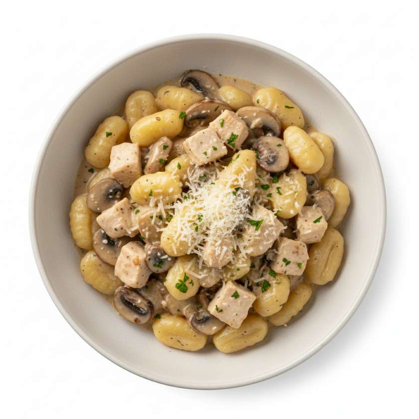 Gnocchi s kuřecím masem, houby, smetana a parmazánem (1,3,7)