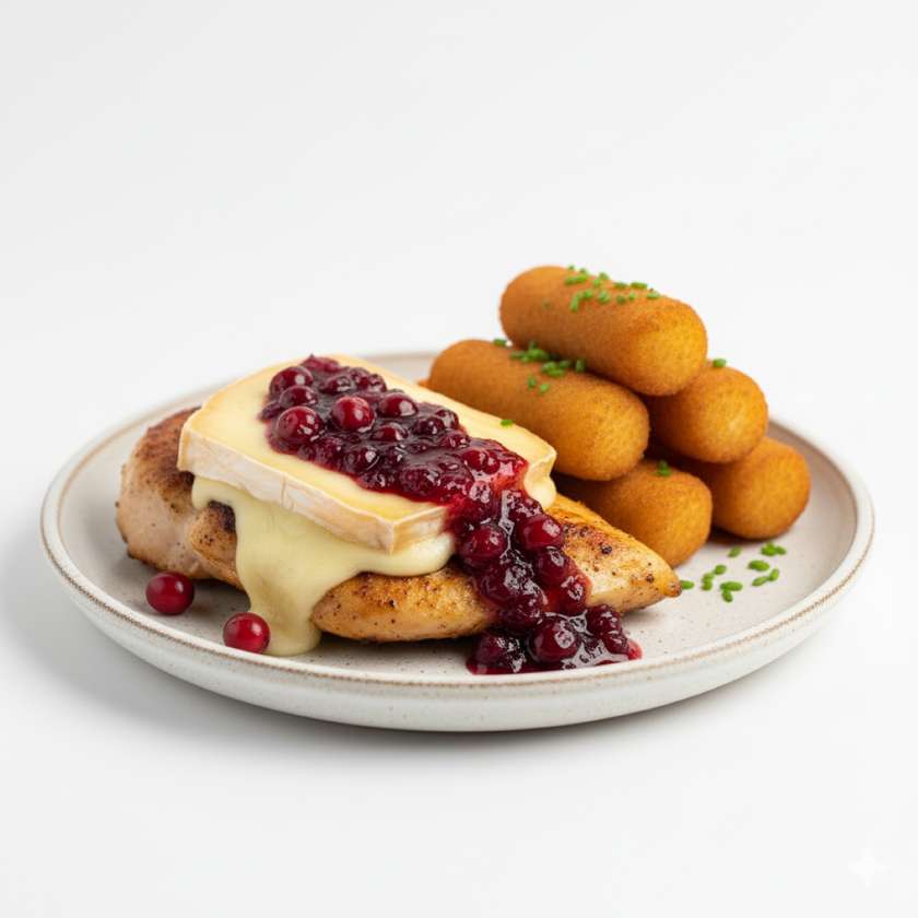 Kuřecí steak zapečený s hermelinem a brusinkovým přelivem, krokety