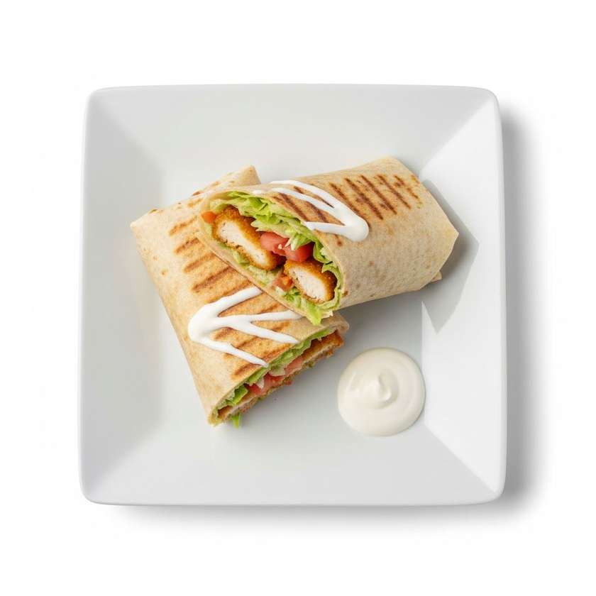 Baked tortilla with chicken strips, iceberg lettuce, tomatoes and sour cream
