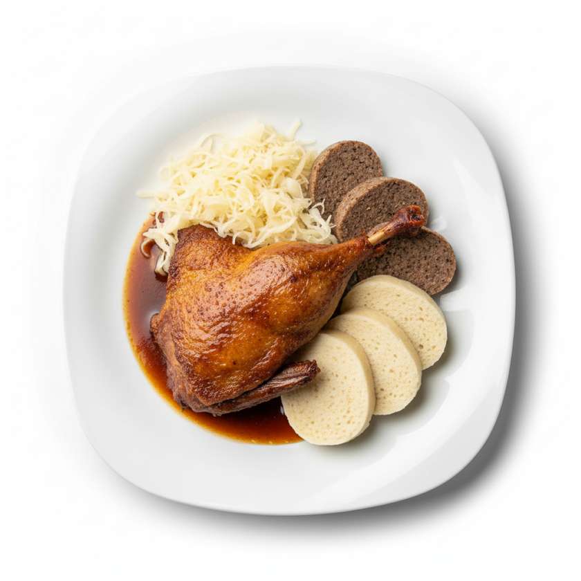 1/2 Pečená půlka kachny s bílým zelím a variací knedlíků (1,3,7)