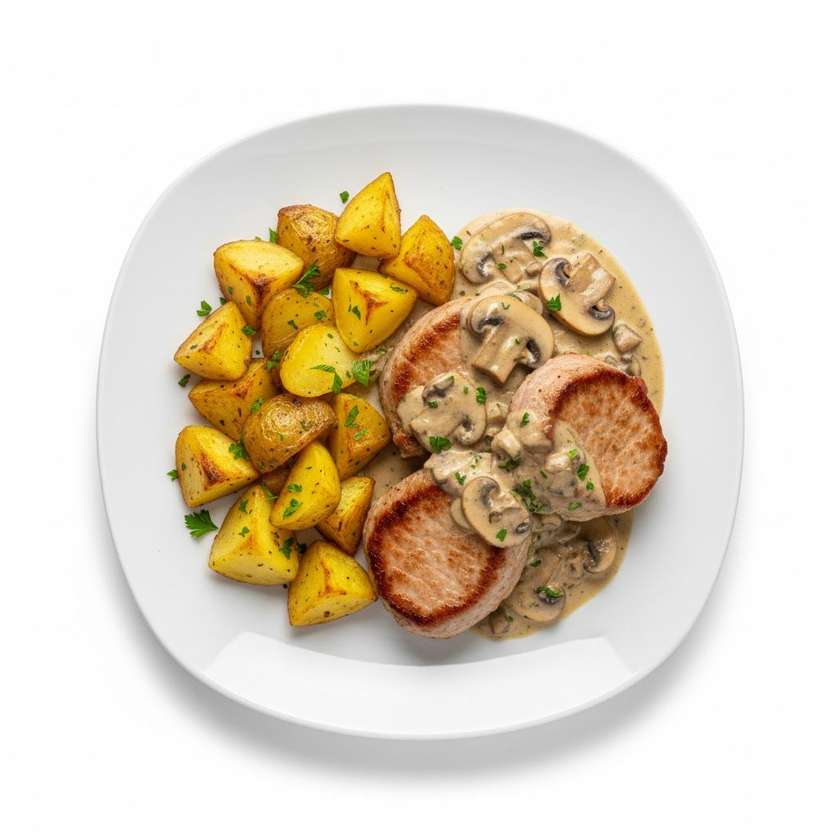 Pork tenderloin medallions with mushroom sauce and roasted potatoes