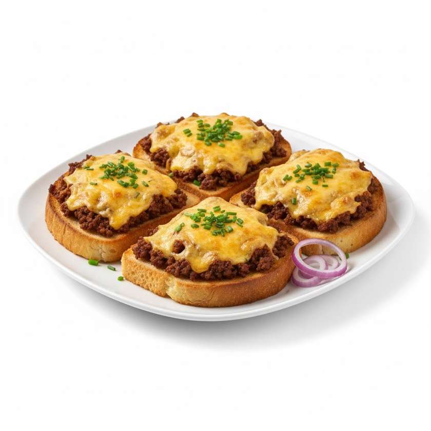 Toasts with meat mixture, baked with cheese