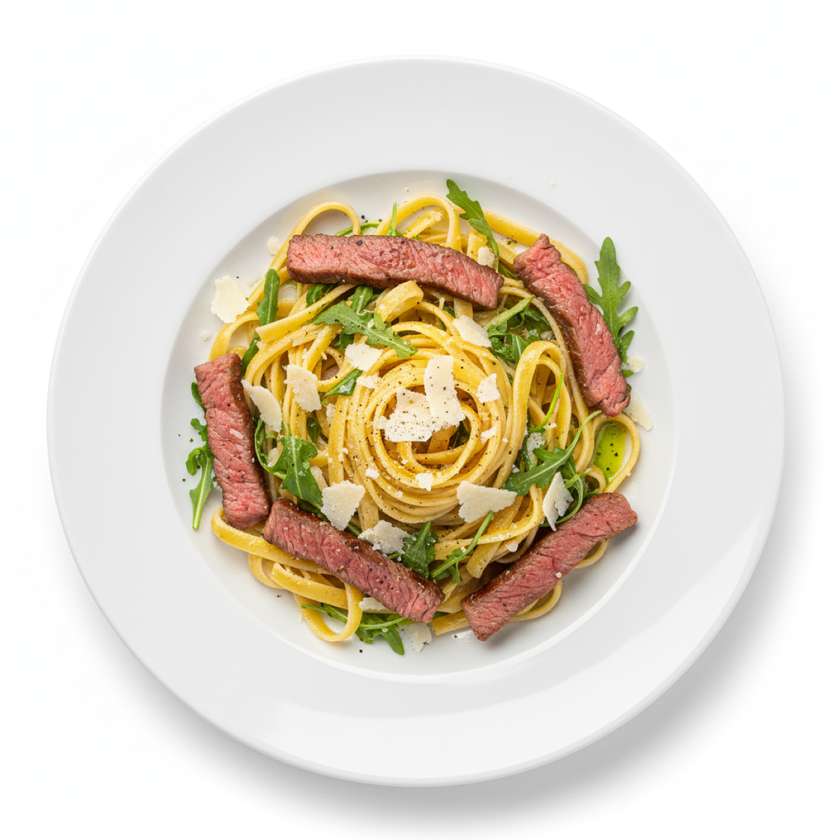 Fettuccine con rucola e Stracetti di Manzo