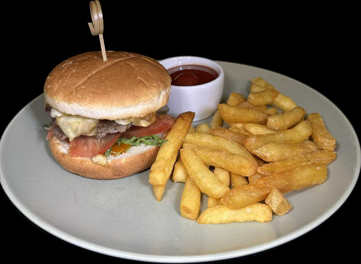 Mini beef burger with fries and ketchup