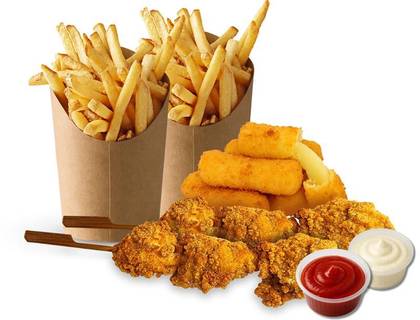 Chicken skewers with french fries and mozzarella sticks