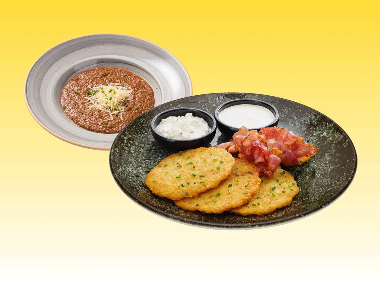 Bulviniai blynai su šonine + sriuba