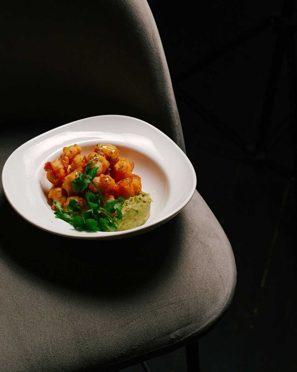 Shrimp Popcorn on Daikon with Guacamole