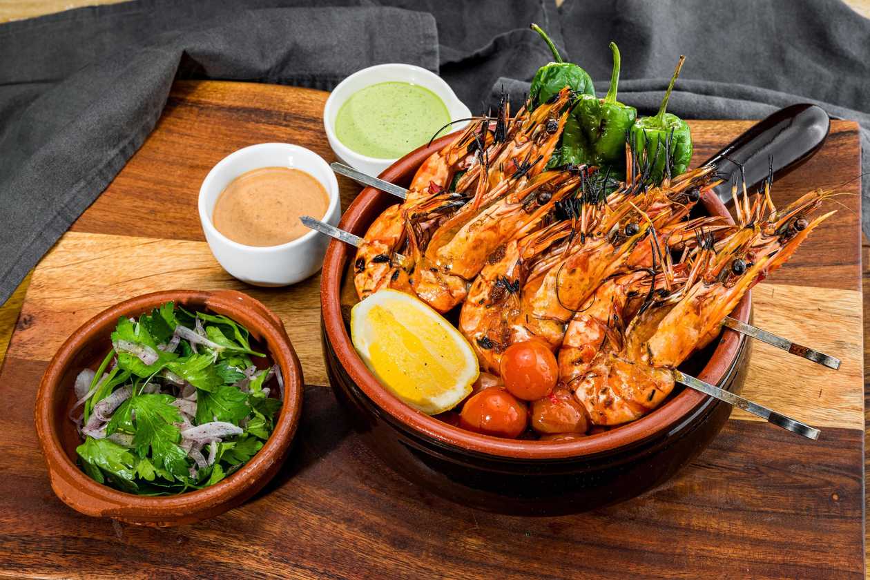 Terracotta Pot and two Prawn Skewers