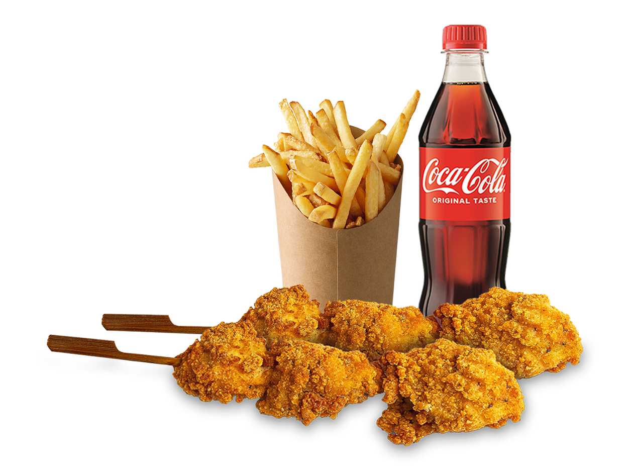 Chicken skewers with french fries and a drink