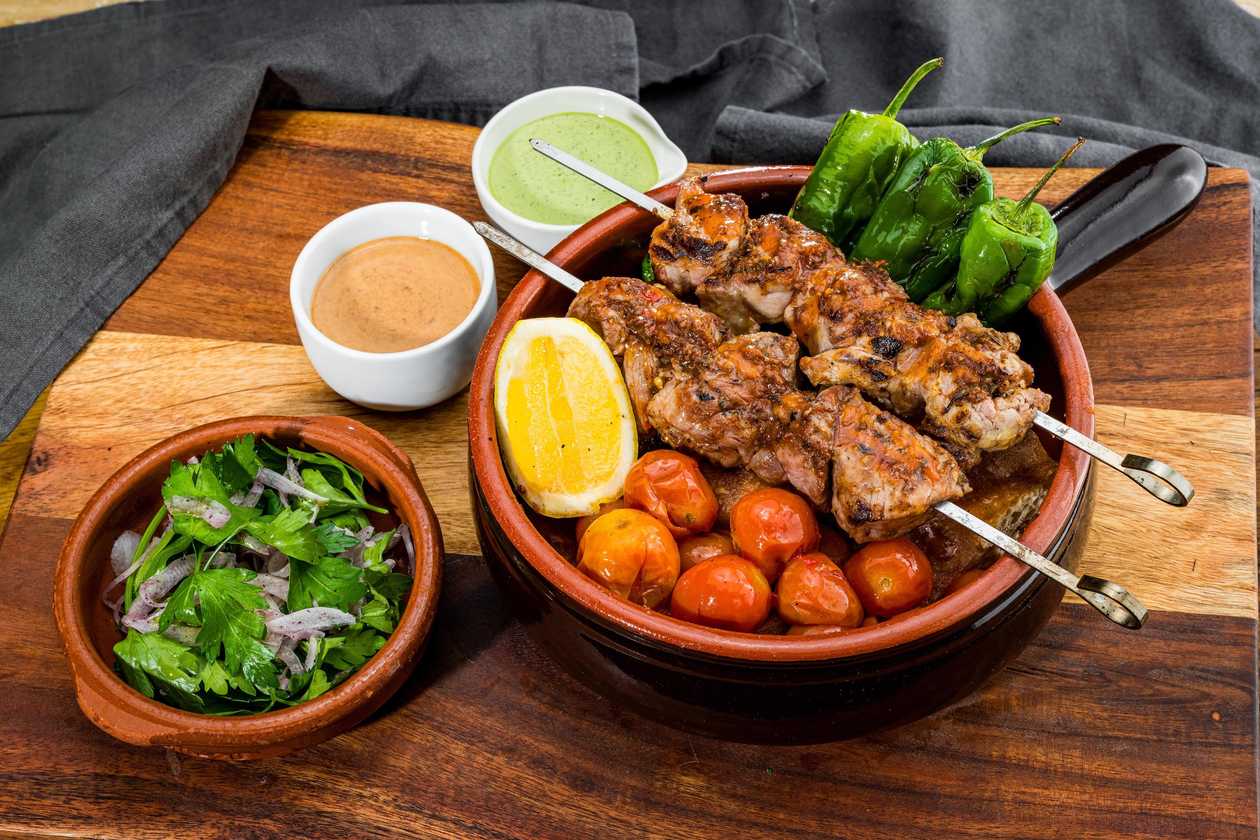 Terracotta Pot and two Pork Neck Skewers