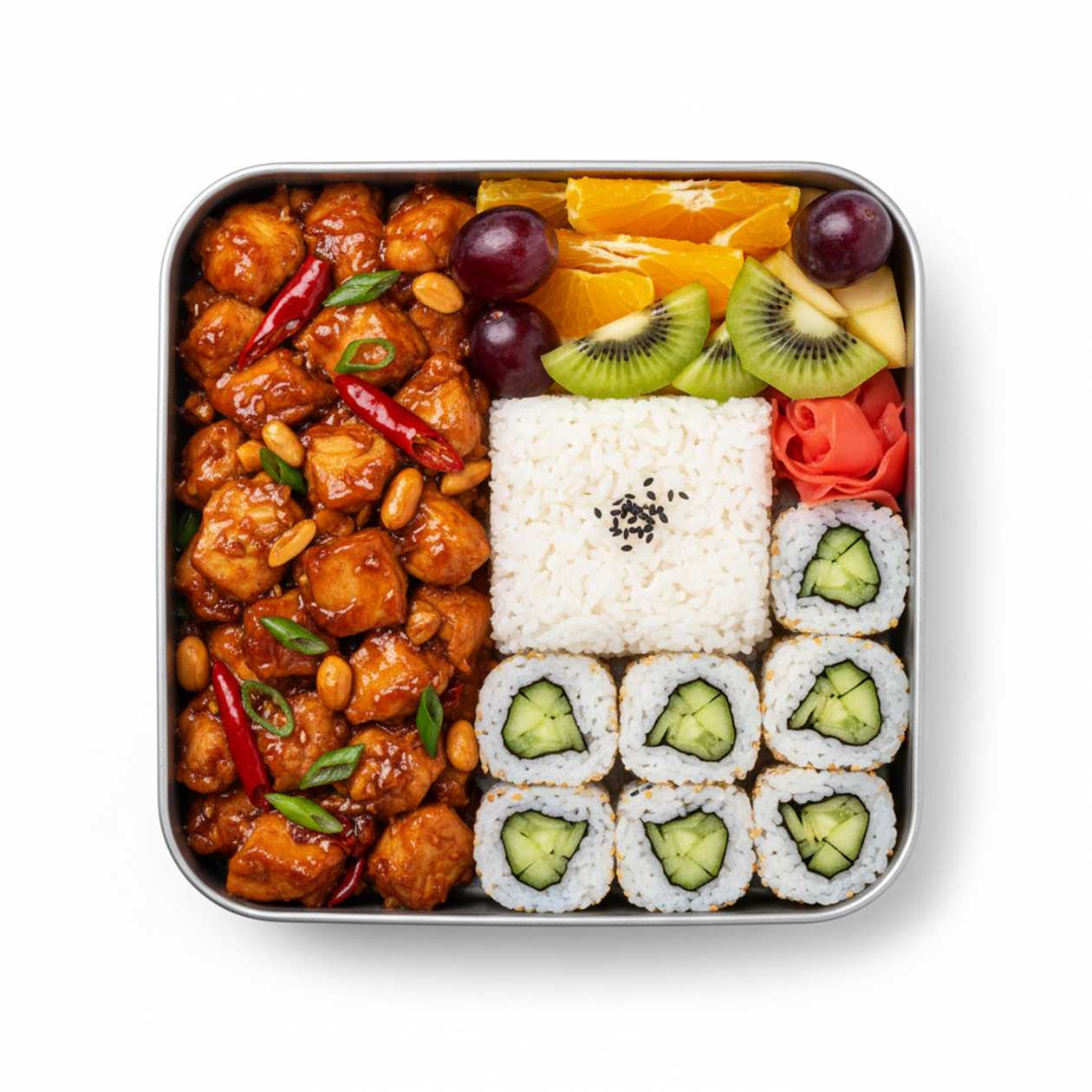 Chicken "Sečuánsku", fruit, rice, cucumber maki
