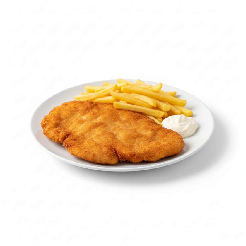 Smažený kuřecí řízek, hranolky, tatarka