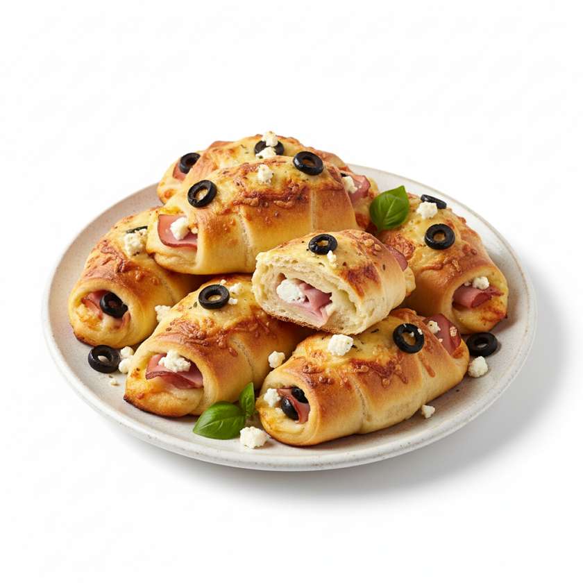 Pizza rohlíčky se šunkou a sýrem, feta, olivy