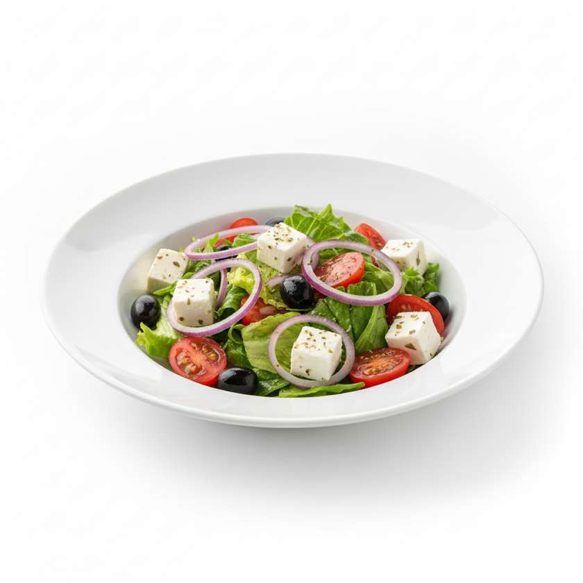 Středomořský salát s černými olivami, cibuli a balkánským syrem