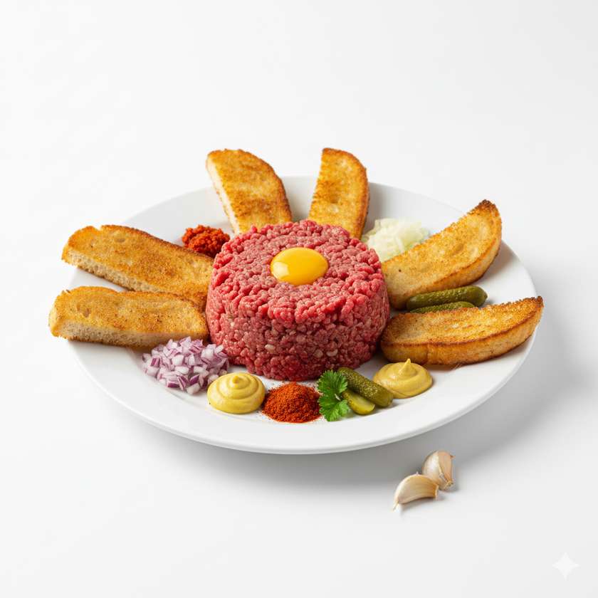 Freshly mixed beef tartar steak with toast (4 pcs.)