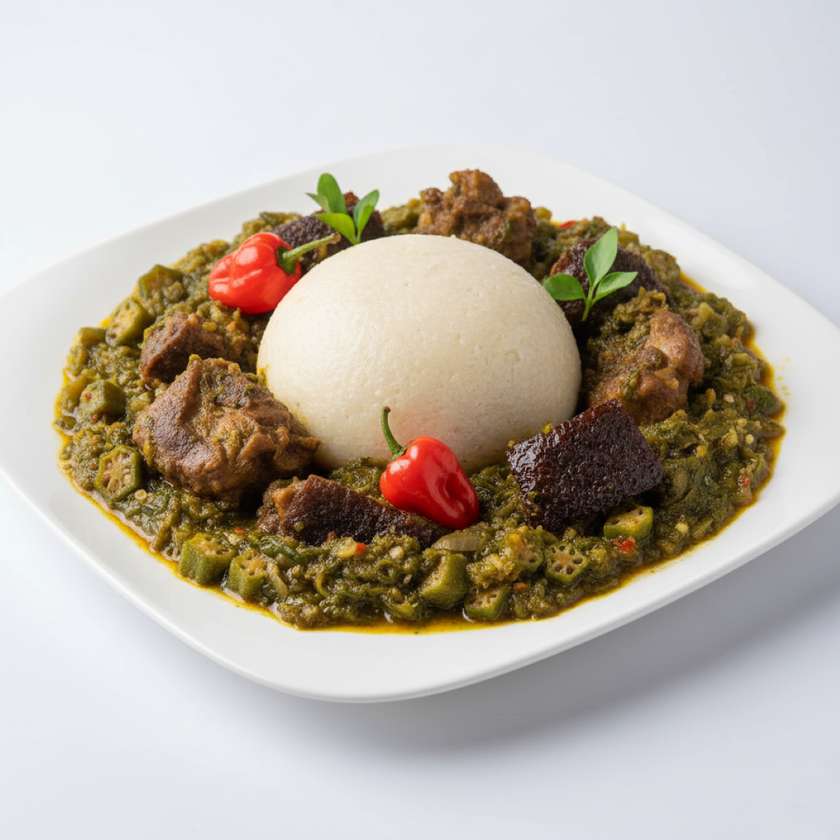 Banku with Okro Stew Served with Cow Leg and Wele