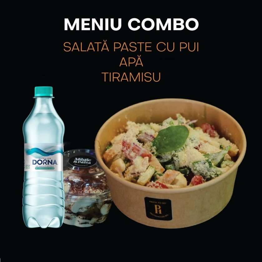 Chicken pasta salad combo with tiramisu and water