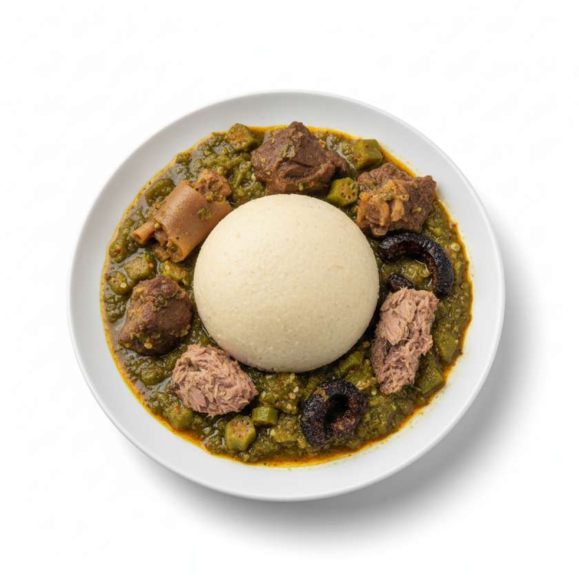 Banku with Okro Stew Served with Cow Leg, Tuna and Wele