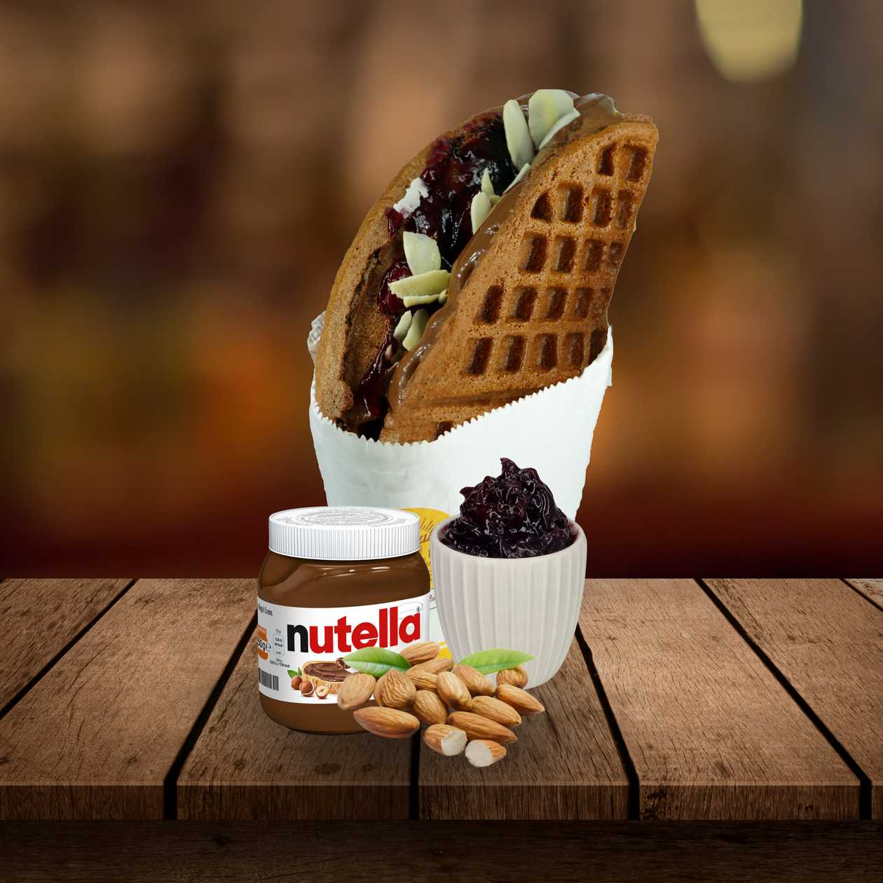 Brownie Waffle with Nutella, Sour Cherries and Almonds