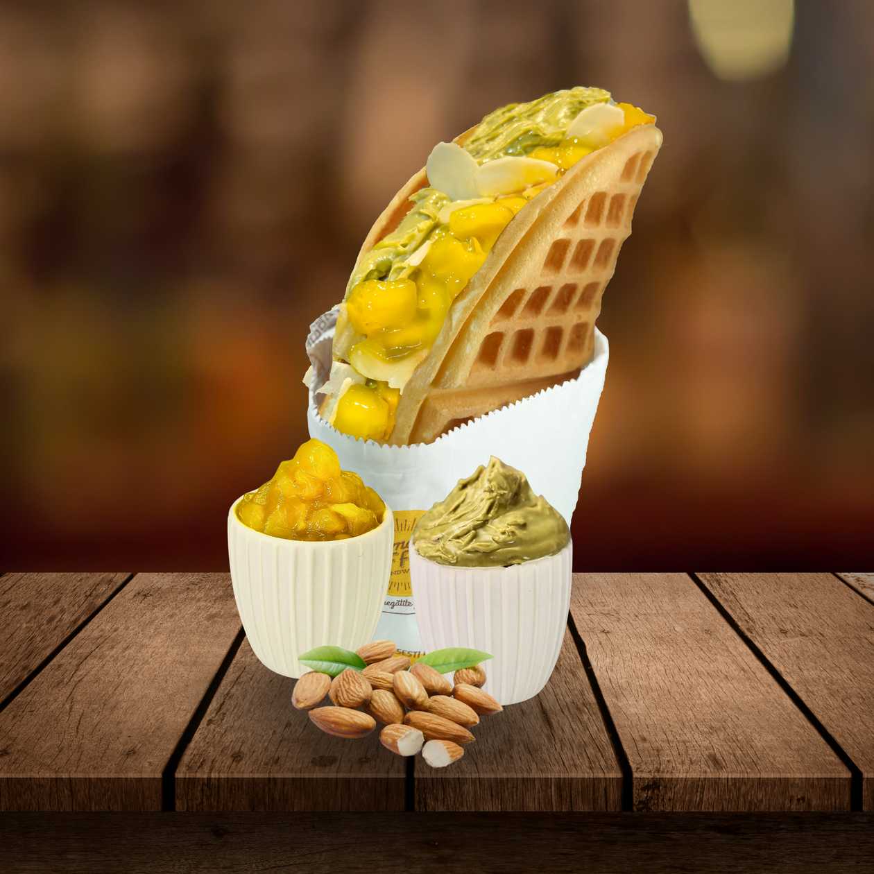 Waffle with Pistachio Cream, Mango, and Almonds