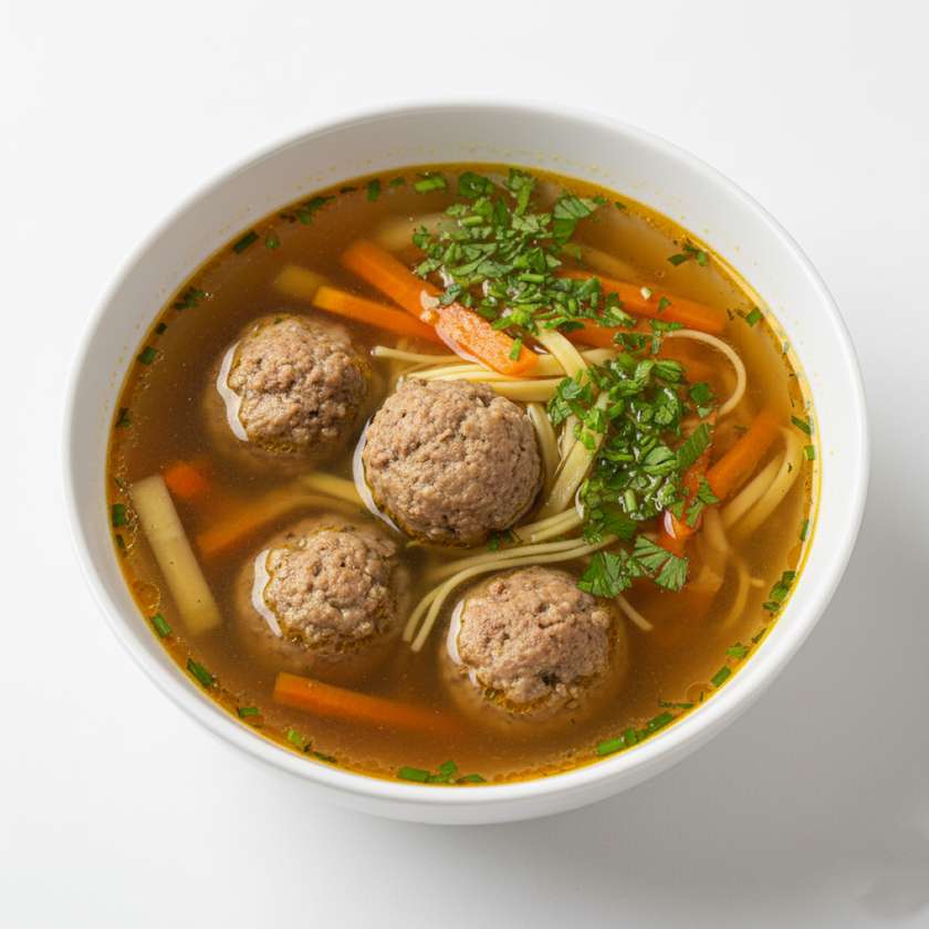 Strong beef broth with liver dumplings, root vegetables and homemade noodles
