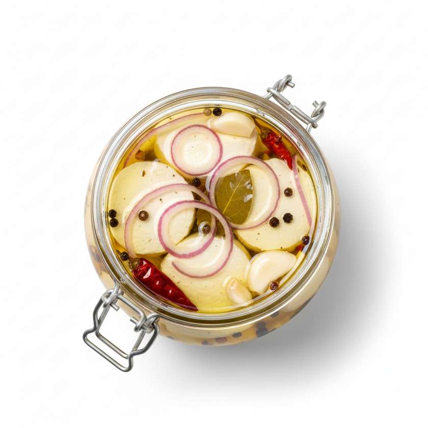 Camembert cheese pickled in oil with onion