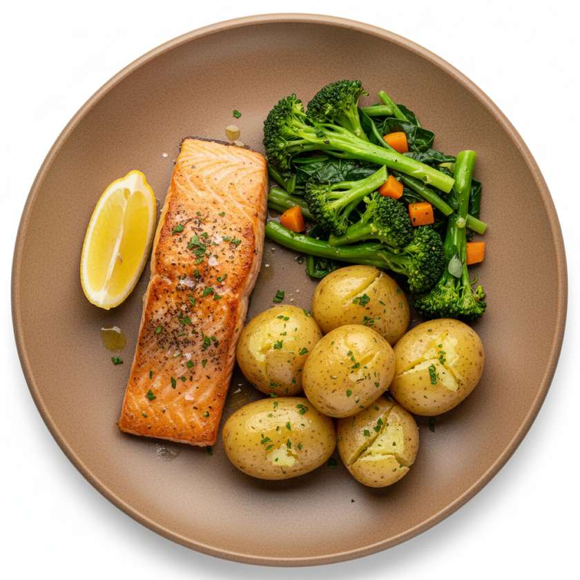 Salmon with Smashed Potatoes and Vegetables