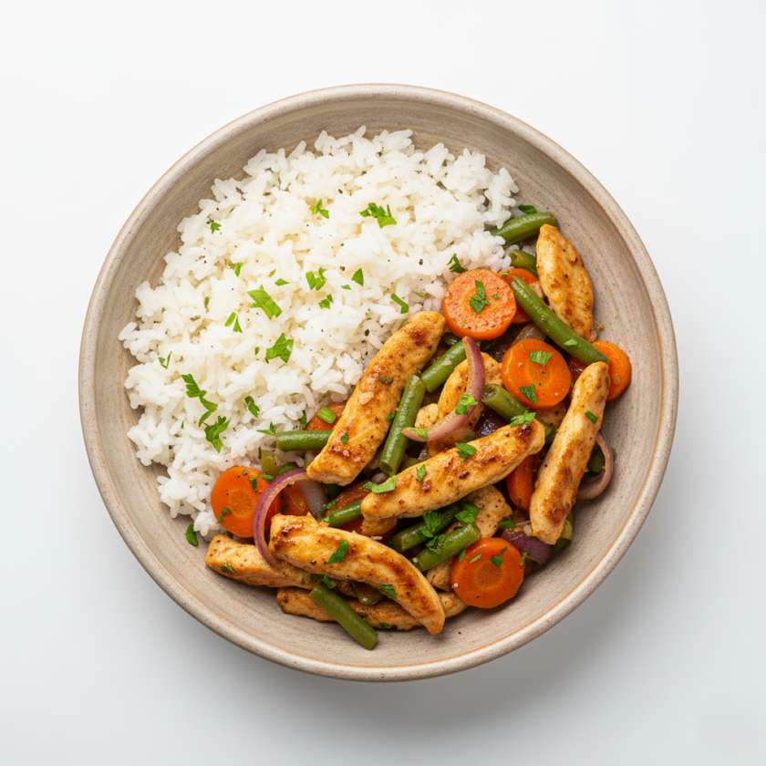 Stir-fried Chicken with Vegetables, Rice
